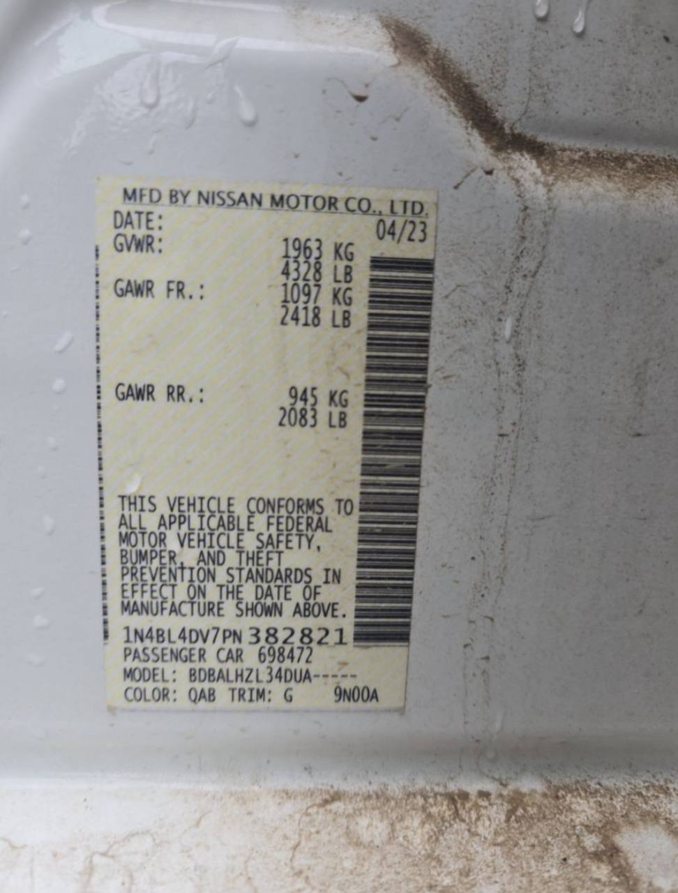 Nissan Altima Sv 2023 White 2.5L 4 vin: 1N4BL4DV7PN382821 - 1N4BL4DV7PN382821