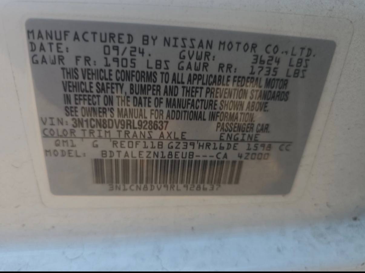 Nissan Versa 1.6 S 2024 White 1.6L vin: 3N1CN8DV9RL928637 - 3N1CN8DV9RL928637