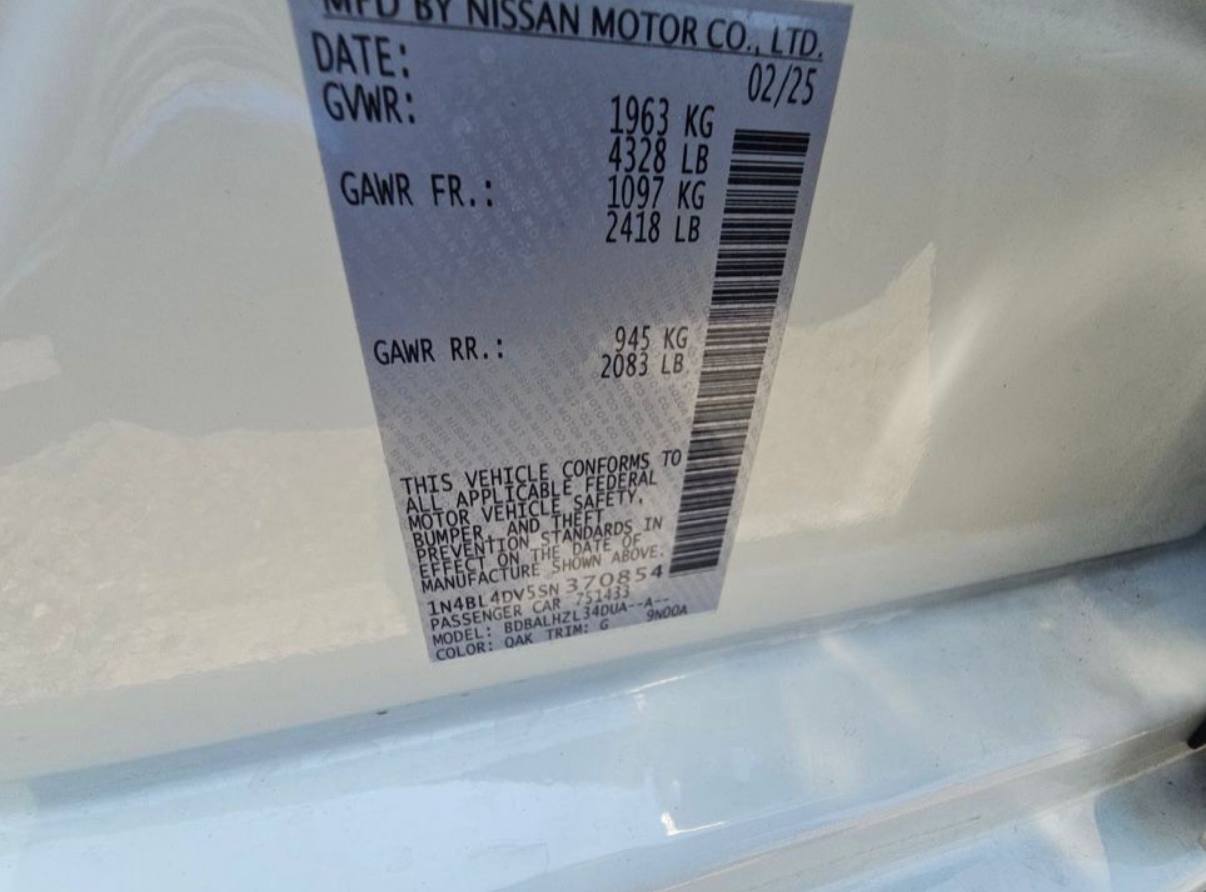 Nissan Altima Sv 2025 White 2.5L 4 vin: 1N4BL4DV5SN370854 - 1N4BL4DV5SN370854