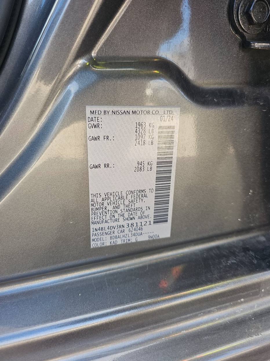 Nissan Altima Sv Fwd 2024 Gray 2.5L vin: 1N4BL4DV3RN381121 - 1N4BL4DV3RN381121