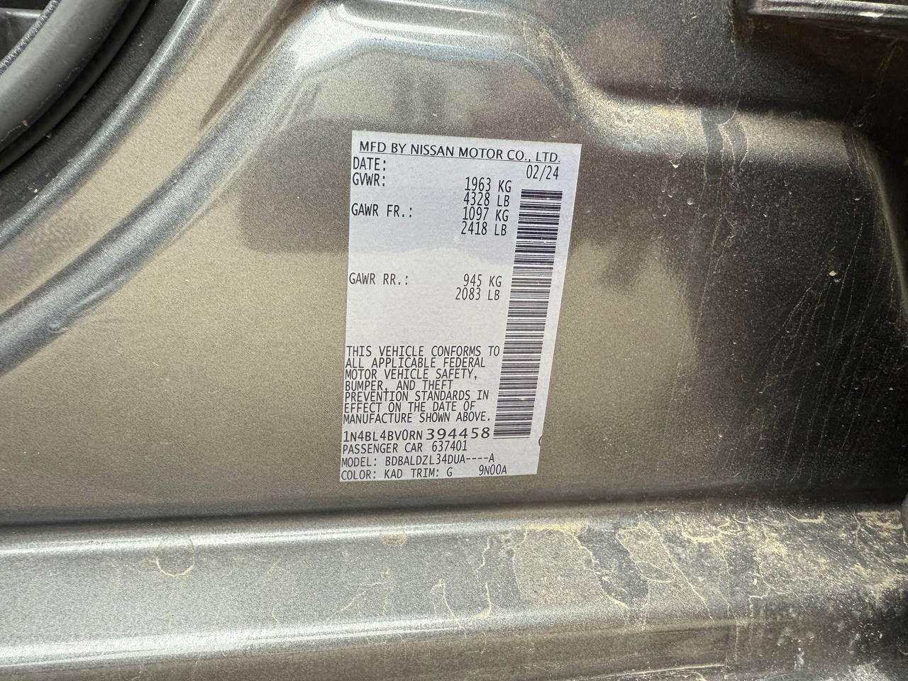 Nissan Altima 2.5 S 2024 Gray 2.5L 4 vin: 1N4BL4BV0RN394458 - 1N4BL4BV0RN394458