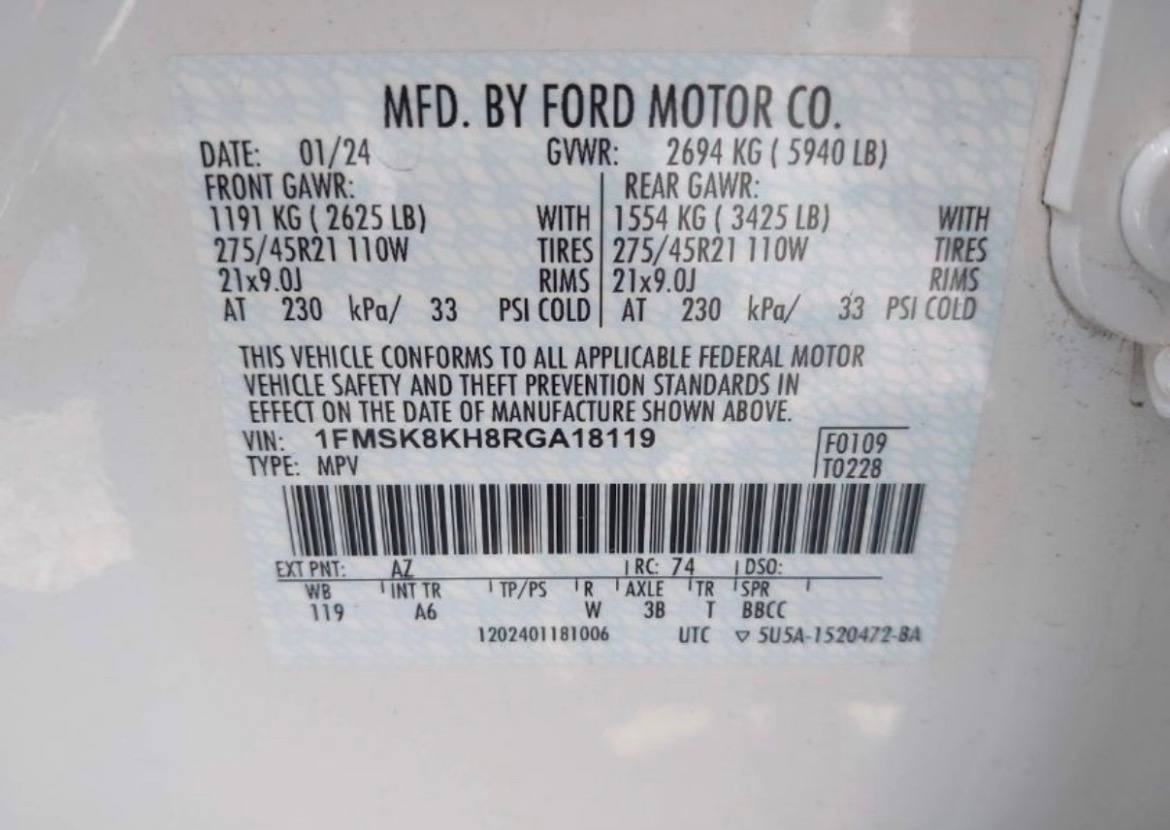 Ford Explorer St-Line 2024 White 2.3L vin: 1FMSK8KH8RGA18119 - 1FMSK8KH8RGA18119