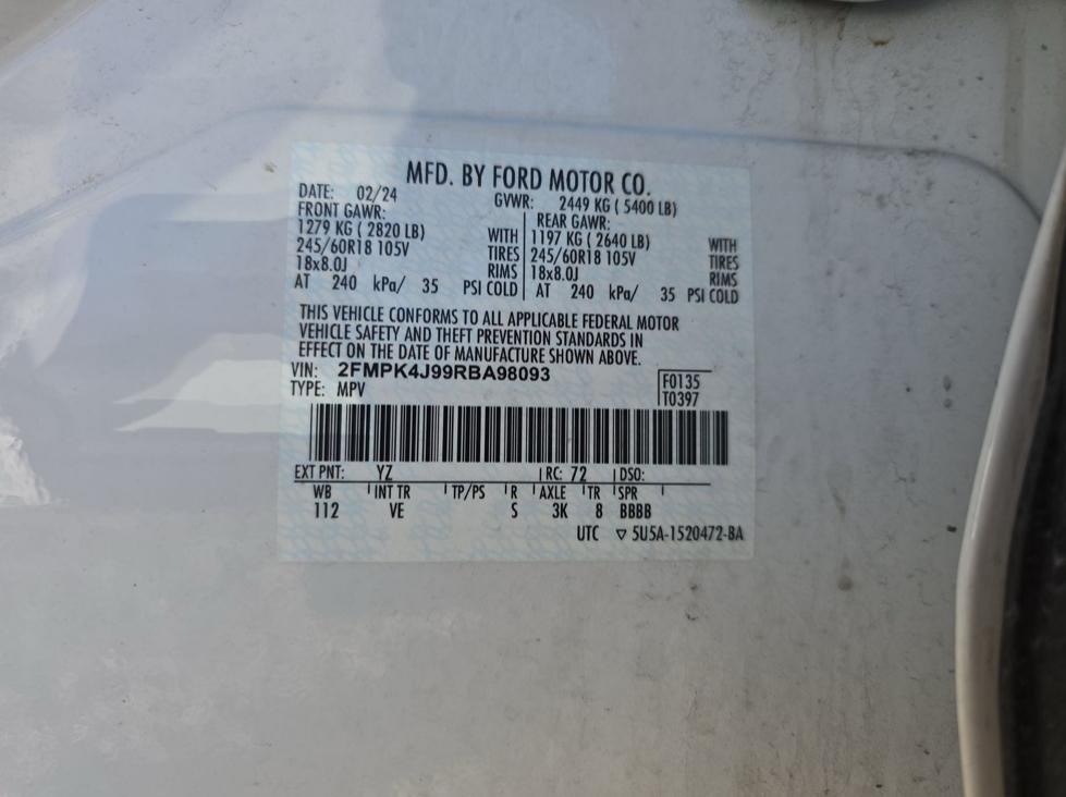 Ford Edge Sel 2024 White 2.0L vin: 2FMPK4J99RBA98093 - 2FMPK4J99RBA98093